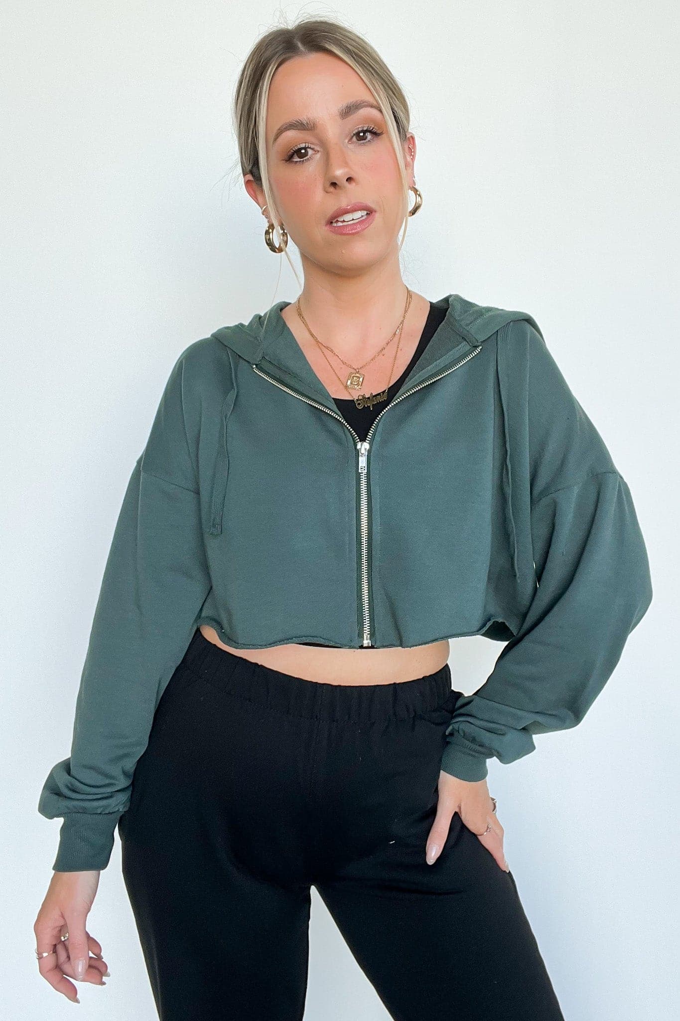 Jungle Green / S Kayye Cropped Zip Hooded Jacket - BACK IN STOCK - kitchencabinetmagic