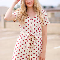 S / Natural Kyli Polka Dot Tie Waist Romper - FINAL SALE - kitchencabinetmagic