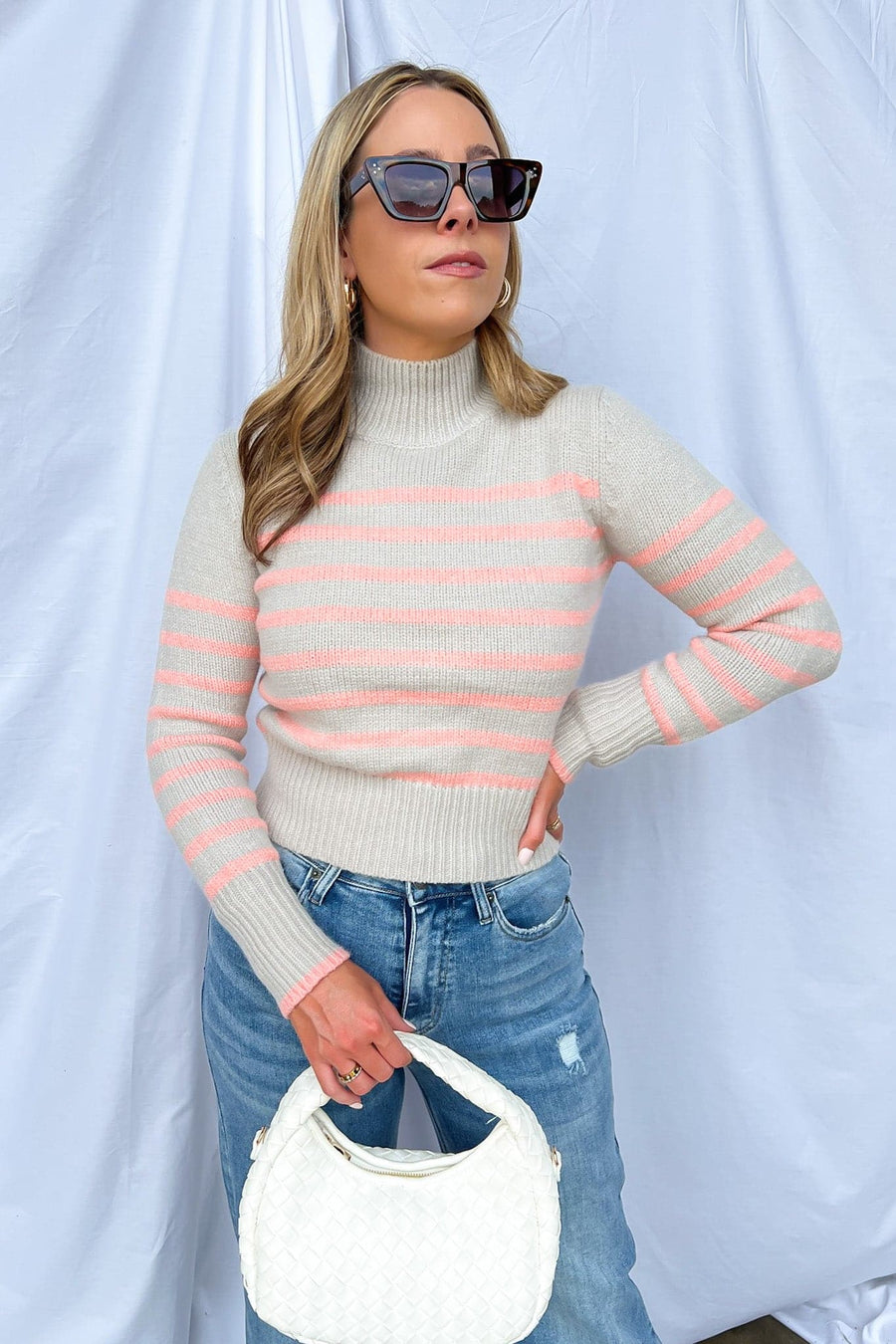 S / Gray Pink Multi Louann Striped Turtleneck Sweater - FINAL SALE - kitchencabinetmagic