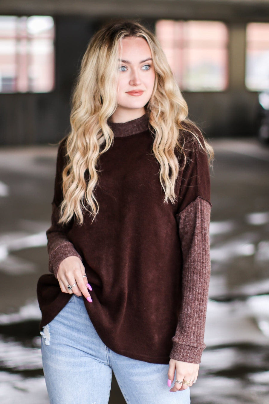 Chocolate / S Loving Arms Ribbed Knit Contrast Sweater - FINAL SALE - kitchencabinetmagic