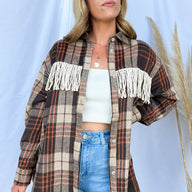 S / Brown Multi Make a Getaway Plaid Fringe Button Down Shacket - FINAL SALE - kitchencabinetmagic