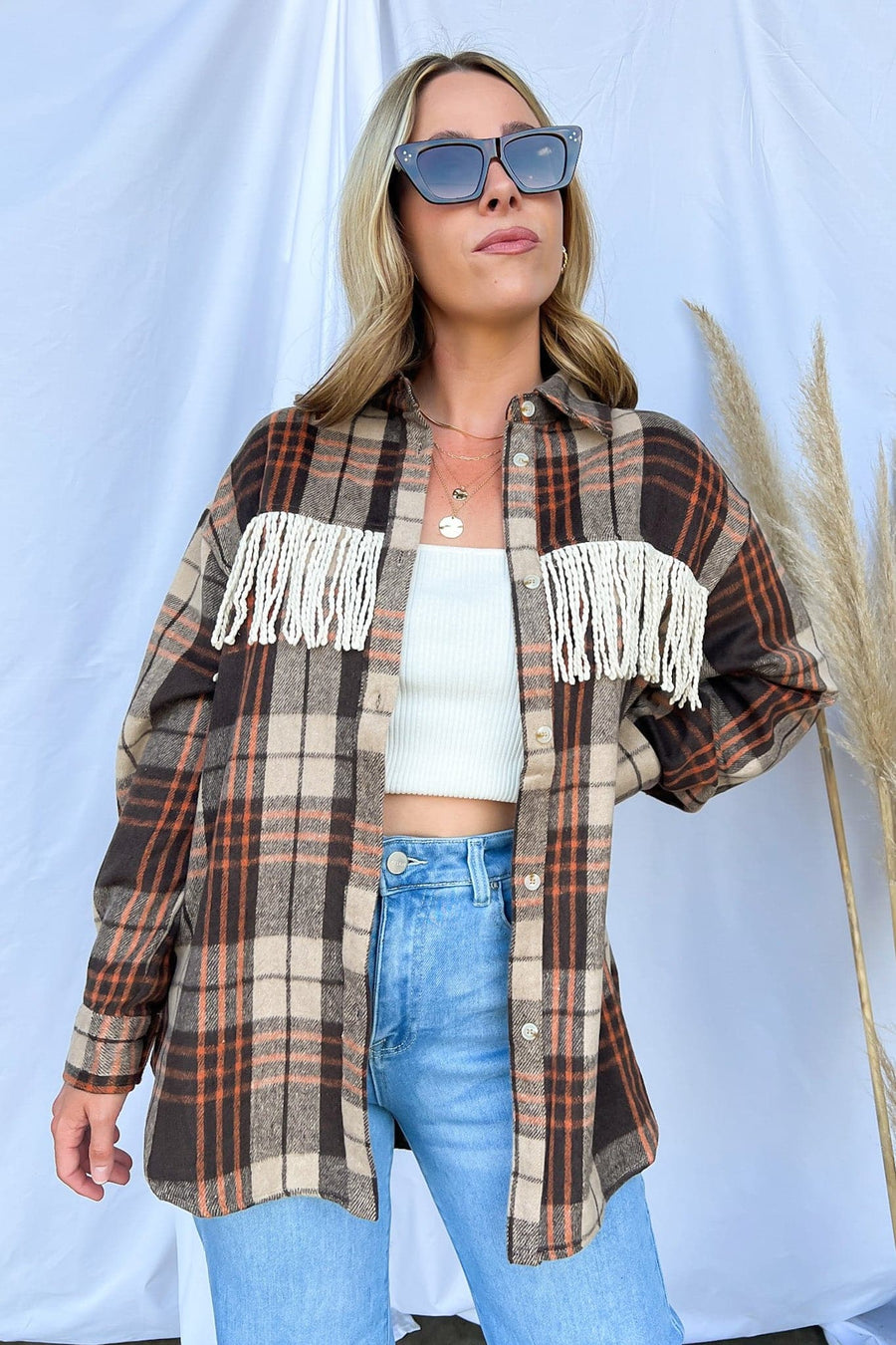 S / Brown Multi Make a Getaway Plaid Fringe Button Down Shacket - FINAL SALE - kitchencabinetmagic