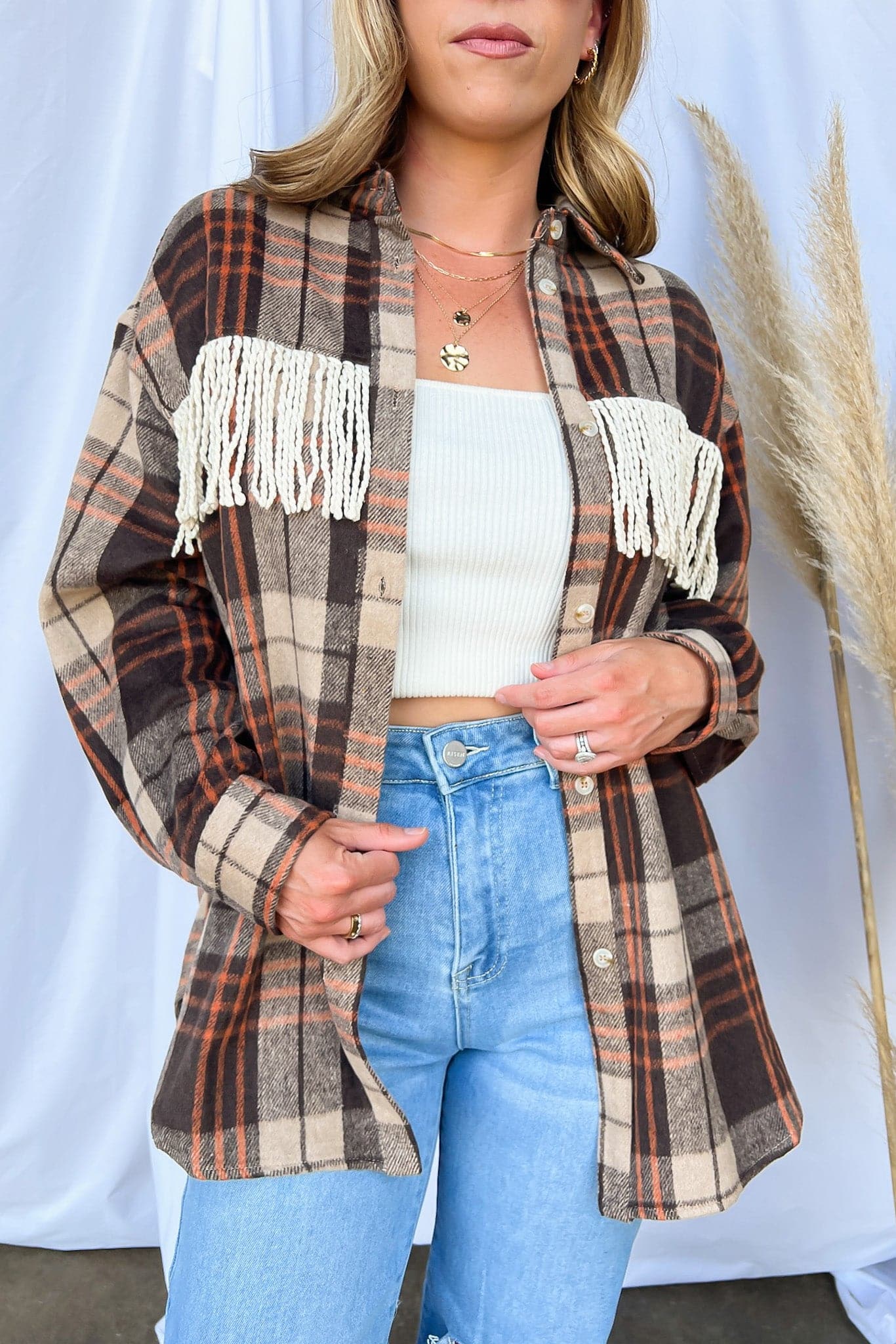  Make a Getaway Plaid Fringe Button Down Shacket - FINAL SALE - kitchencabinetmagic