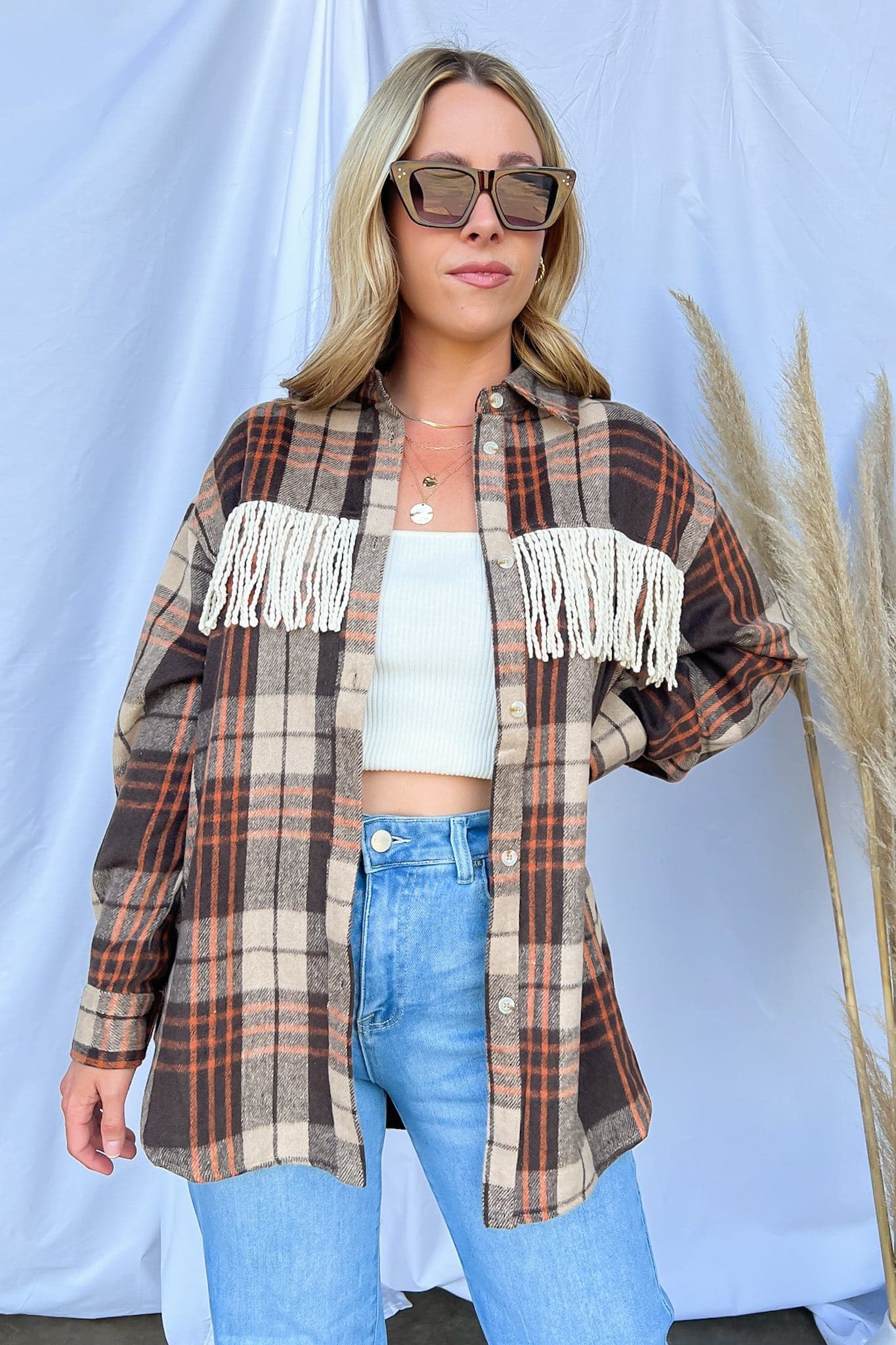  Make a Getaway Plaid Fringe Button Down Shacket - FINAL SALE - kitchencabinetmagic