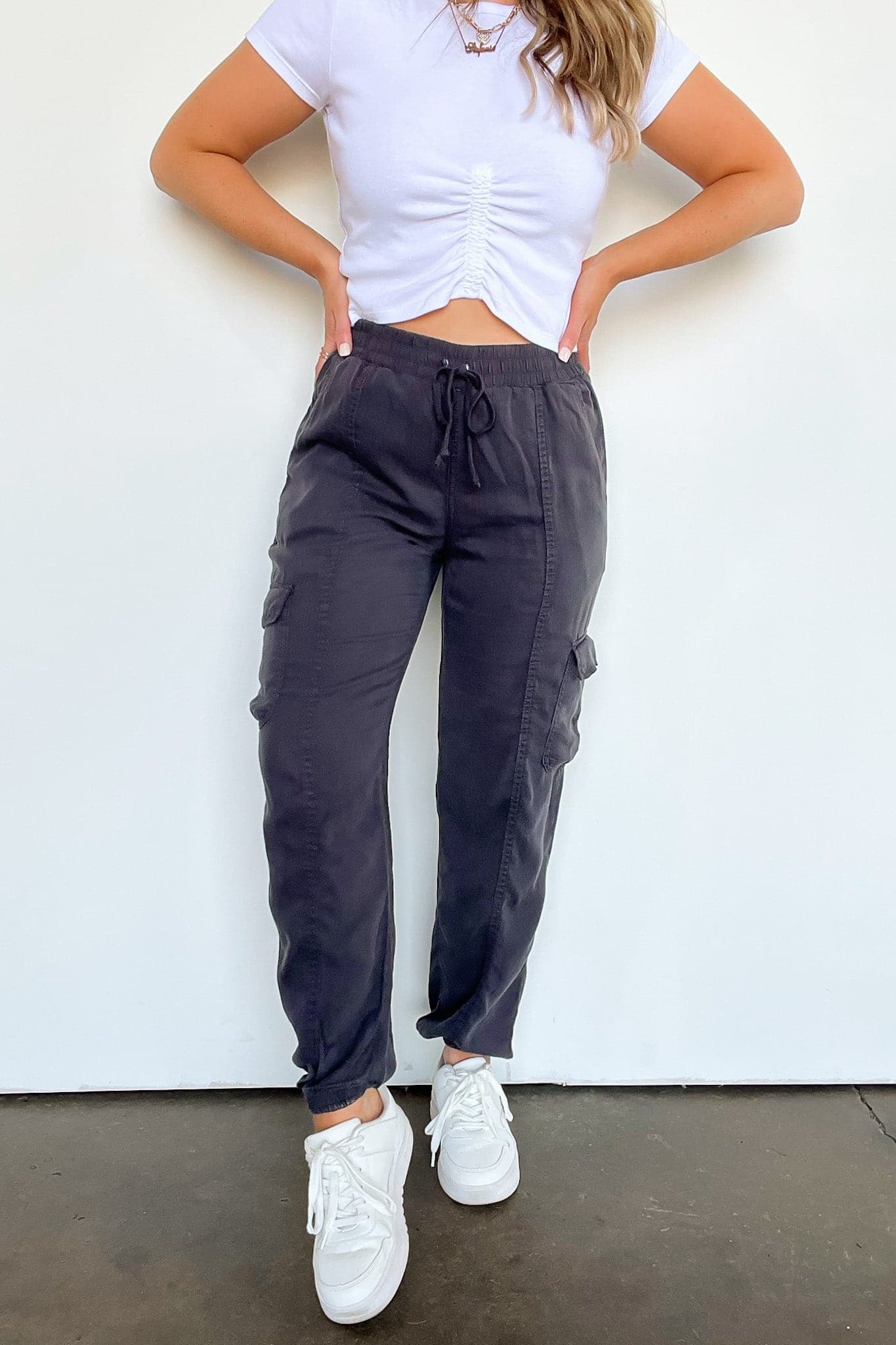 S / Charcoal Marinah Elastic Waist Cargo Pants - kitchencabinetmagic