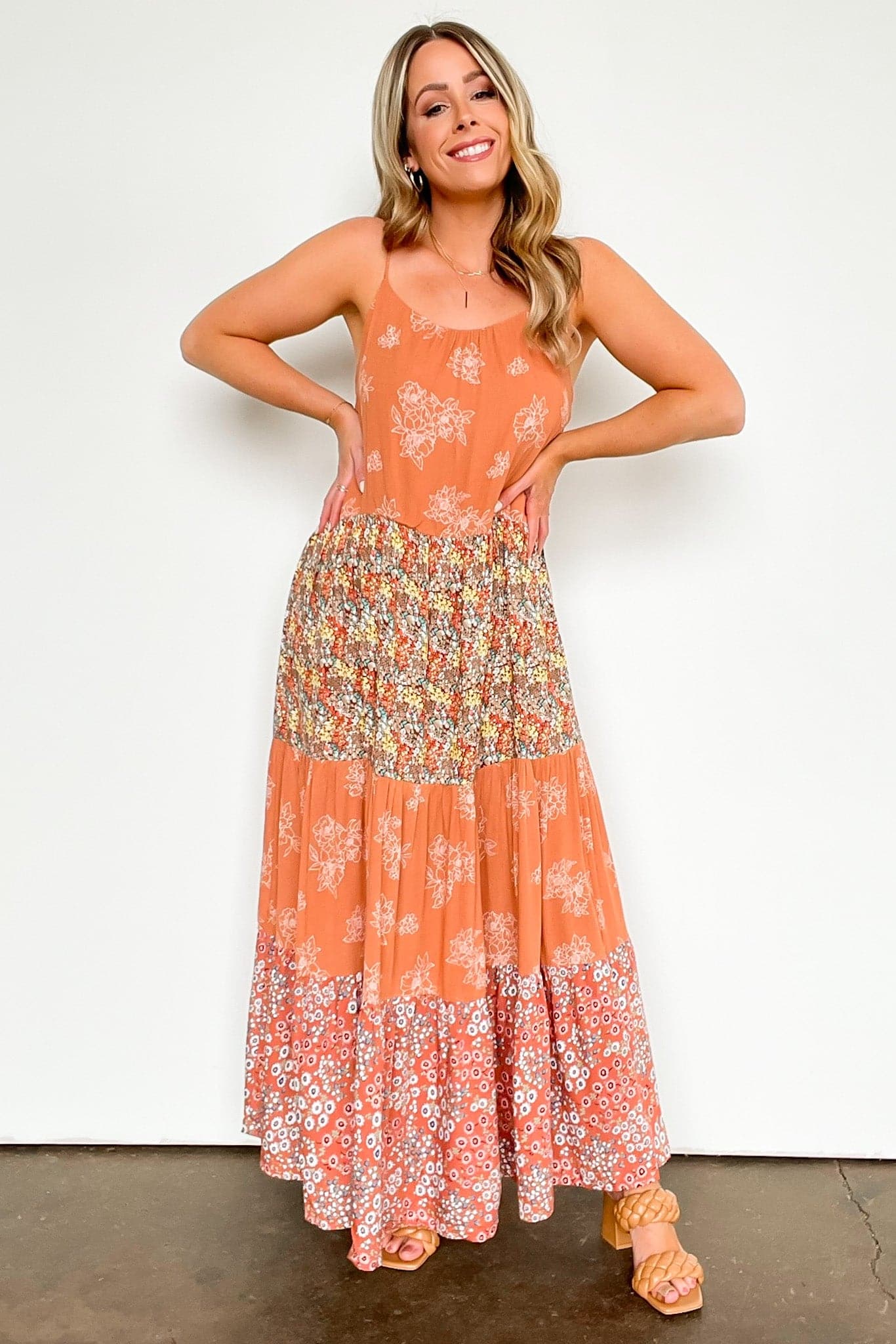 S / Rust Marisela Color Block Floral Maxi Dress - kitchencabinetmagic