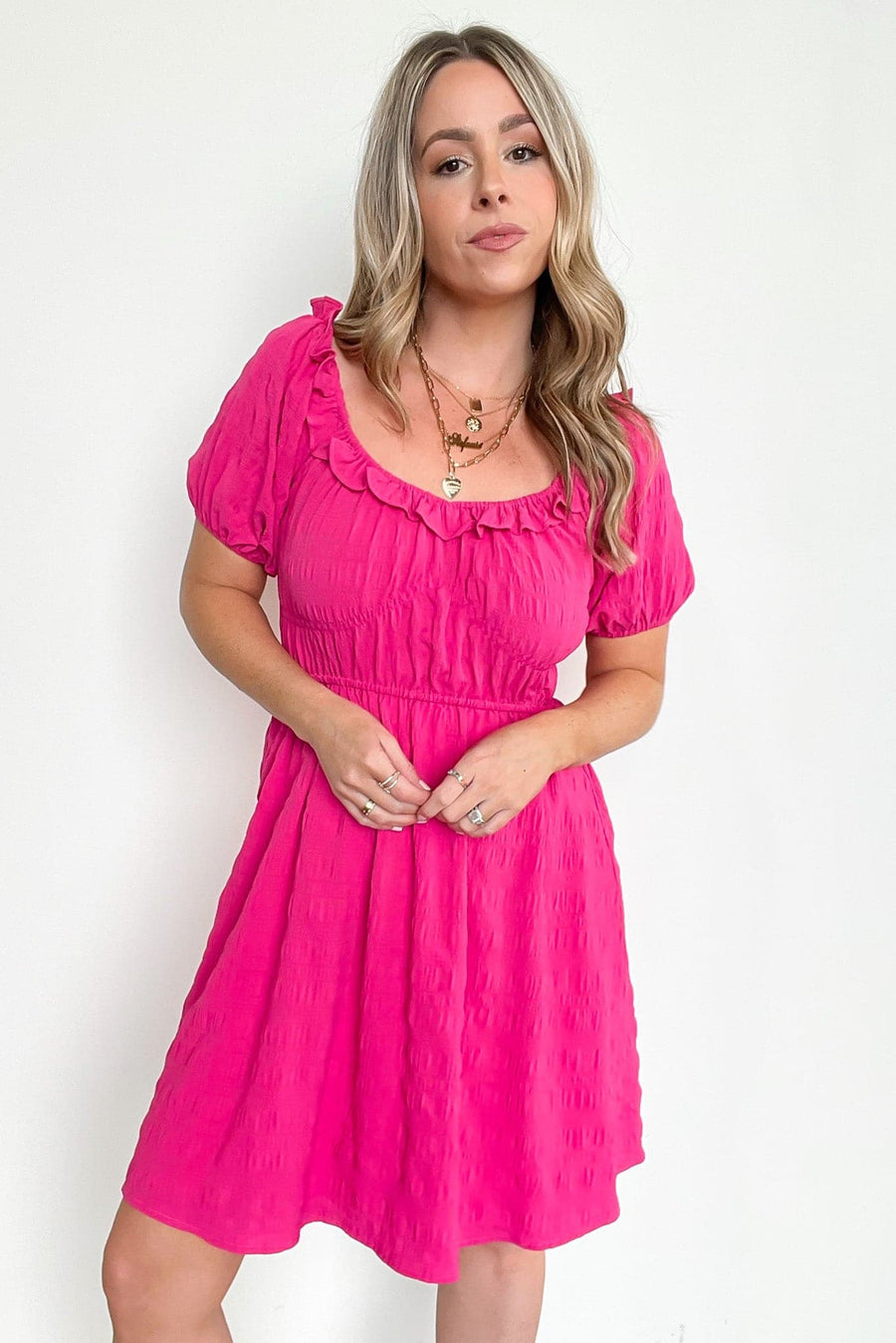 S / Hot Pink Meren Textured Ruffle Trim Dress - FINAL SALE - kitchencabinetmagic