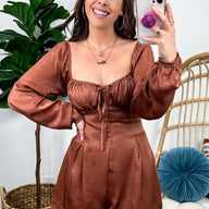 S / Ginger Nial Long Sleeve Ruched Satin Romper - FINAL SALE - kitchencabinetmagic