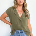 Taupe / S Opheliah Short Sleeve Button Down Top - kitchencabinetmagic