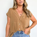 Olive / S Opheliah Short Sleeve Button Down Top - kitchencabinetmagic