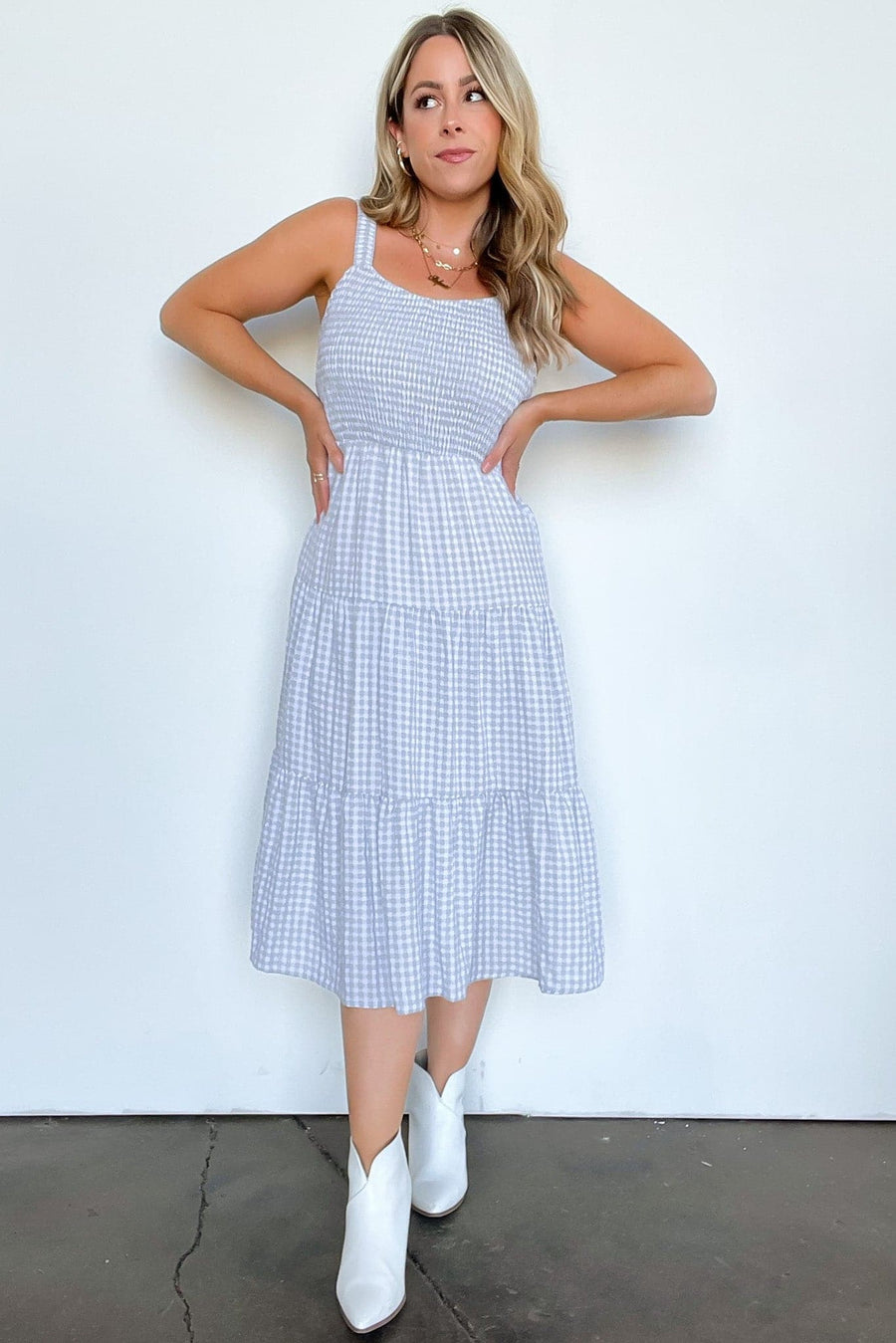 Silver Blue / S Out for the Day Gingham Smocked Tiered Dress - FINAL SALE - kitchencabinetmagic