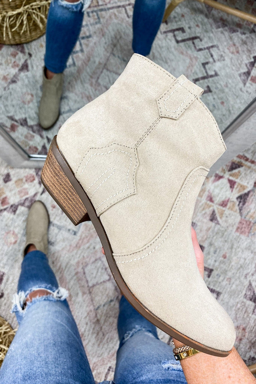 Taupe / 5.5 Park West Faux Suede Stitch Accent Booties - kitchencabinetmagic