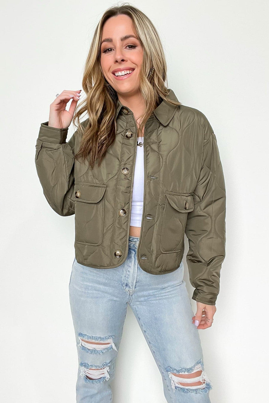 Olive / S Parkside Quilted Button Down Jacket - kitchencabinetmagic