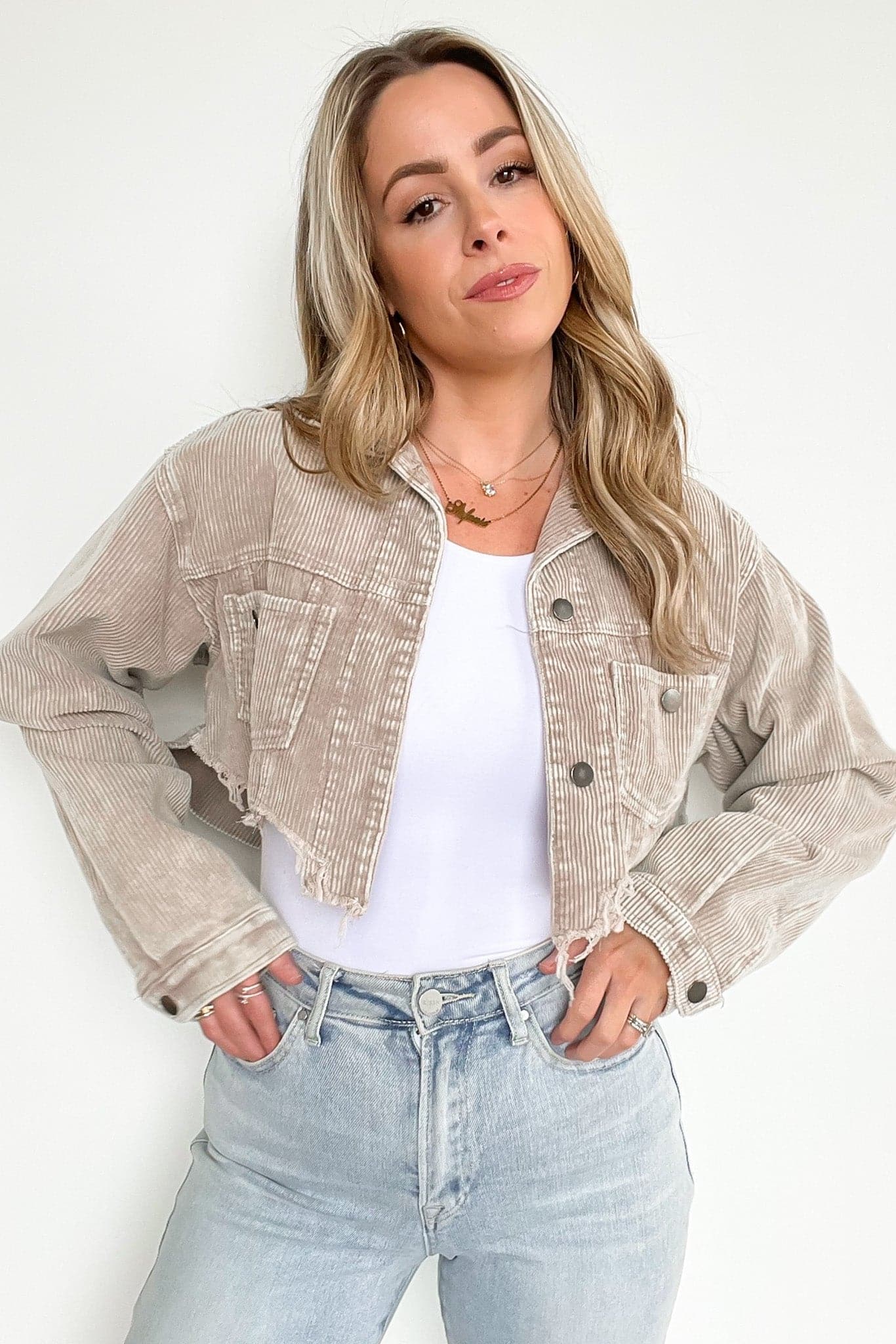 Powder Taupe / S Perfect Promise Cropped Distressed Corduroy Jacket - FINAL SALE - kitchencabinetmagic