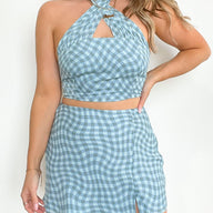 S / Teal/Blue Point for Me Check Print Skirt - FINAL SALE - kitchencabinetmagic