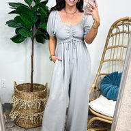 S / Silver Quiet Escape Smocked Ruched Jumpsuit - FINAL SALE - kitchencabinetmagic