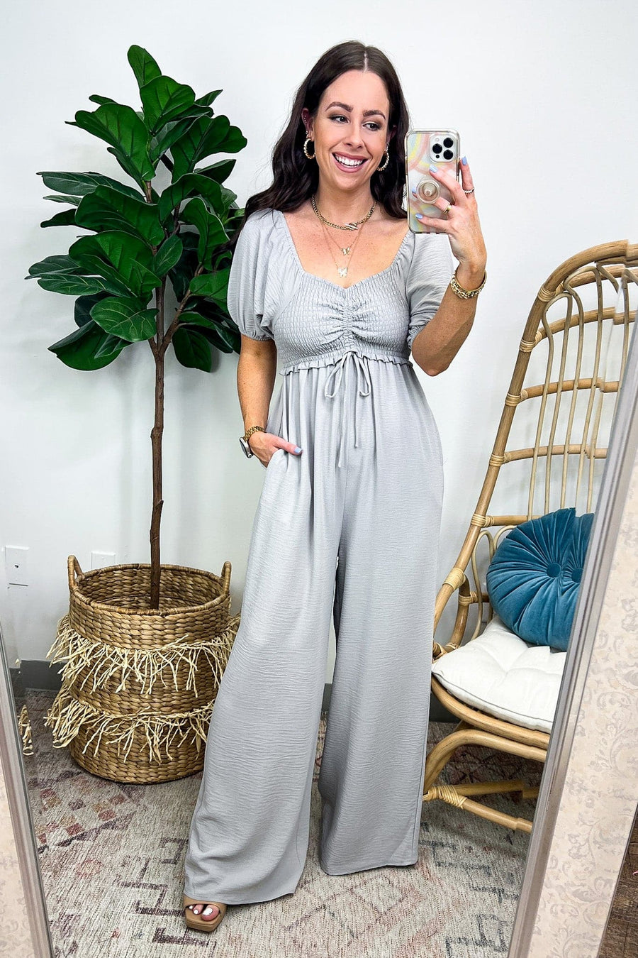 S / Silver Quiet Escape Smocked Ruched Jumpsuit - FINAL SALE - kitchencabinetmagic