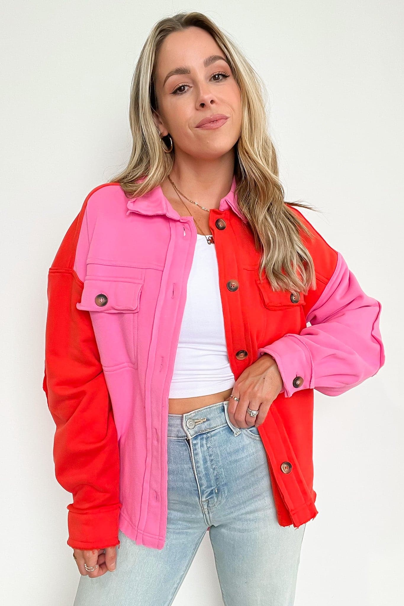 S / Pink Rayana Color Block Button Down Shacket - FINAL SALE - kitchencabinetmagic