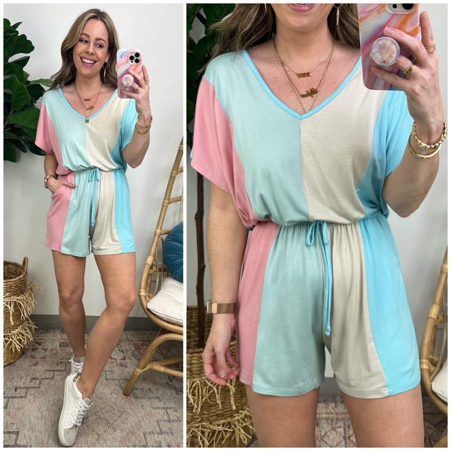  Realized Passion Color Block Short Sleeve Romper - kitchencabinetmagic