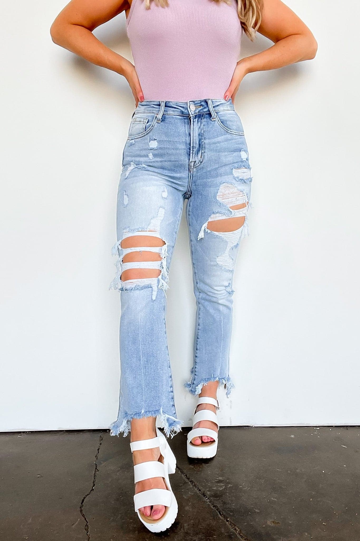 1 / Light Relay the Message High Rise Distressed Jeans - BACK IN STOCK - kitchencabinetmagic
