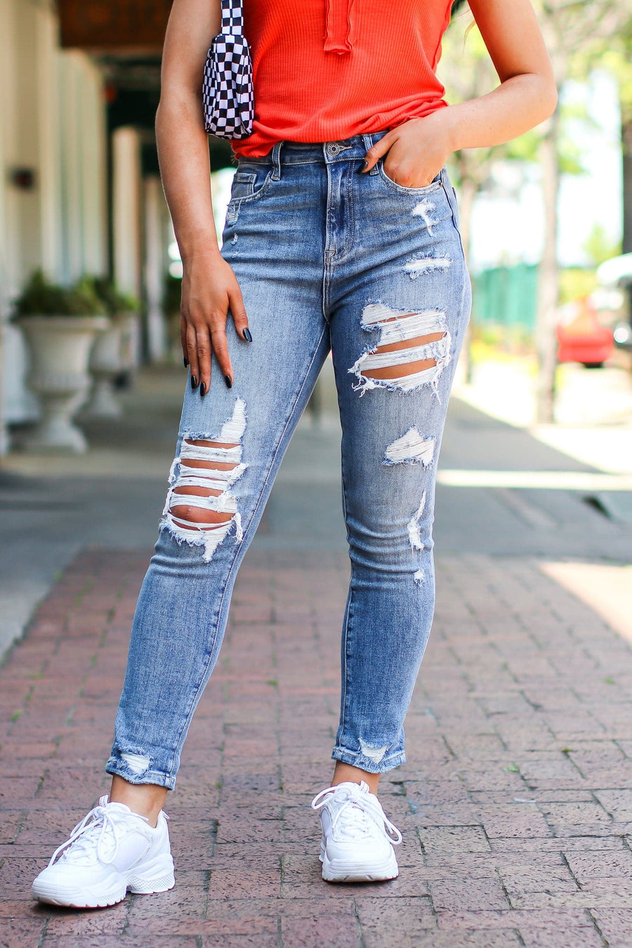 1 / Medium Shaunah High Rise Distressed Girlfriend Jeans - FINAL SALE - kitchencabinetmagic