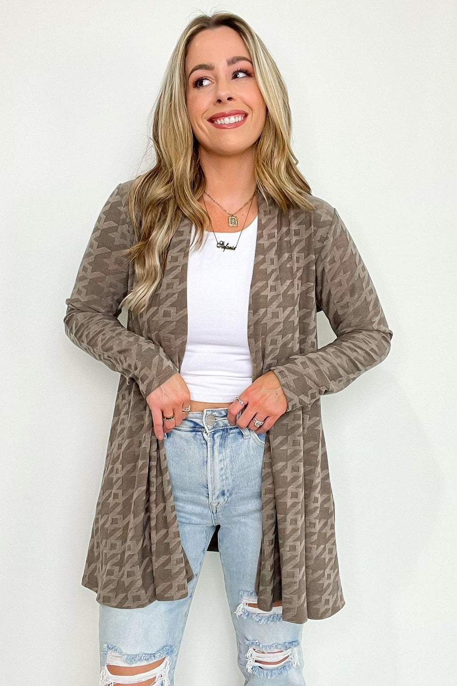 S / Mocha Stefania Houndstooth Flowy Knit Cardigan | CURVE - FINAL SALE - kitchencabinetmagic