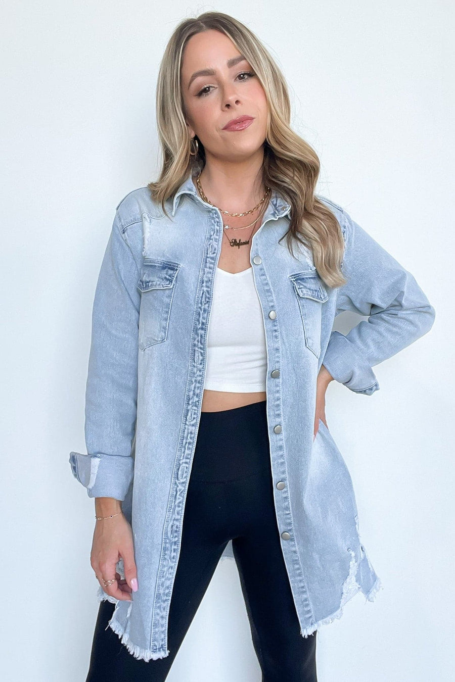 Light / S Stormi Relaxed Distressed Denim Shacket - BACK IN STOCK - kitchencabinetmagic