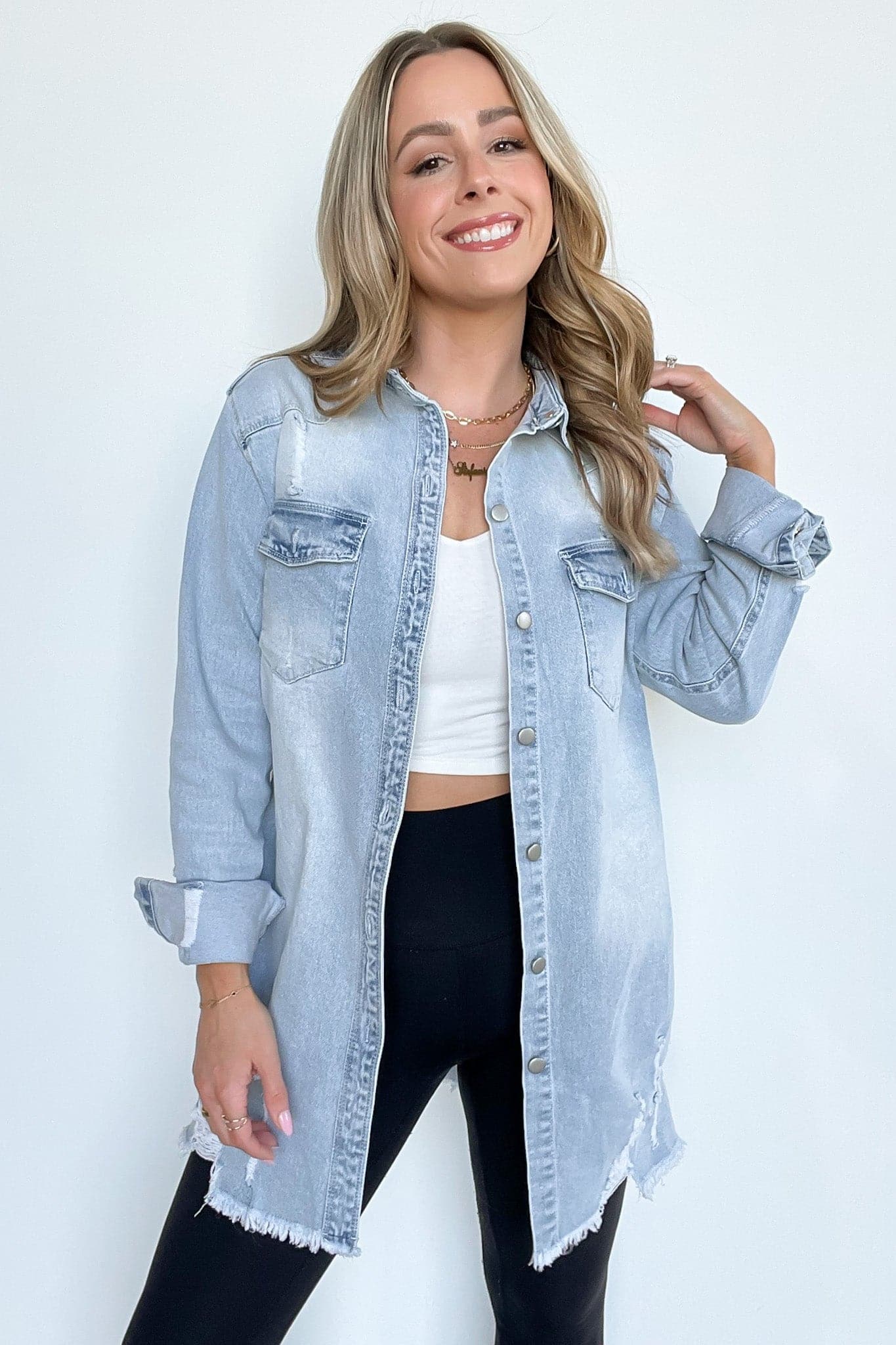  Stormi Relaxed Distressed Denim Shacket - BACK IN STOCK - kitchencabinetmagic