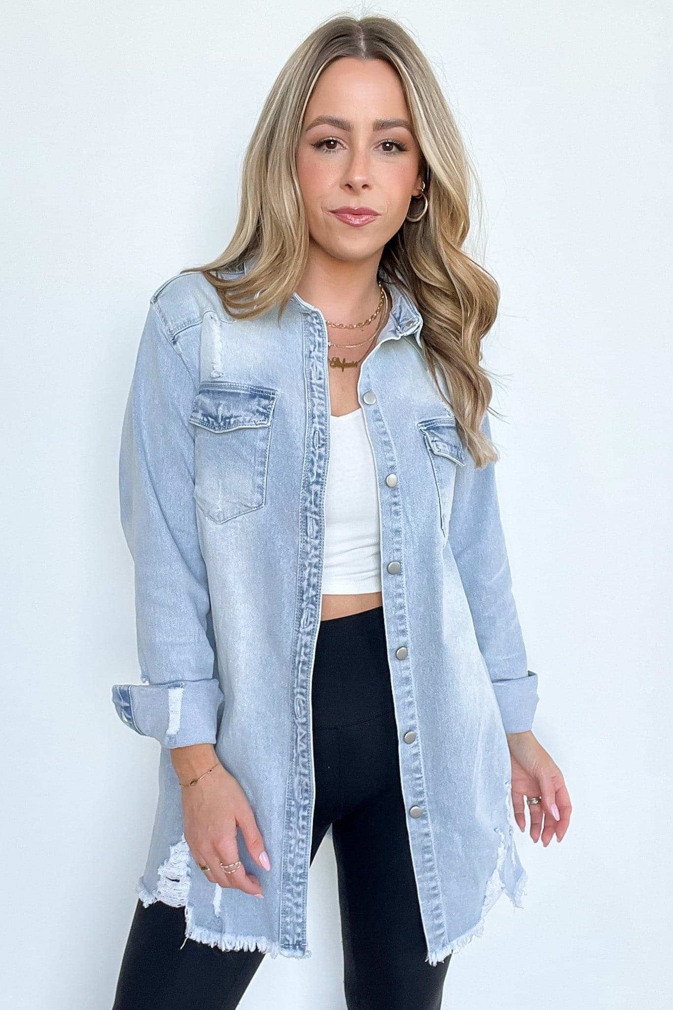  Stormi Relaxed Distressed Denim Shacket - BACK IN STOCK - kitchencabinetmagic