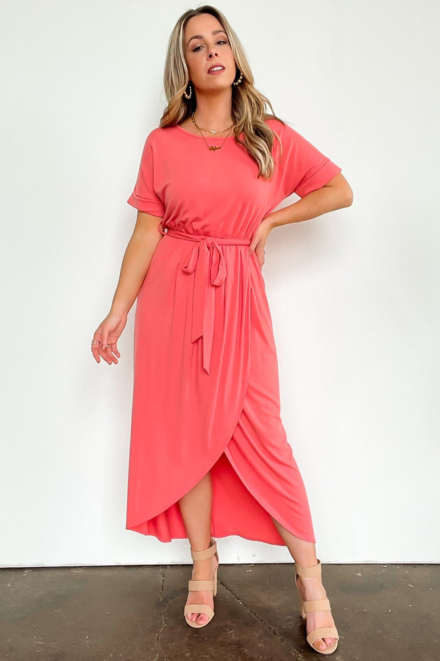 Deep Coral / S Thinking Ahead Belted Tulip Dress - kitchencabinetmagic