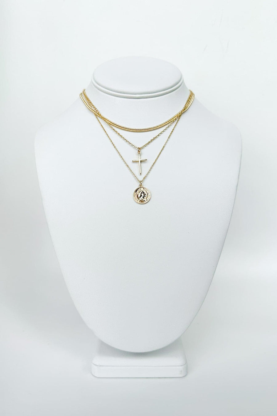 Gold Tomorrow and Always Multi Layered Cross and Coin Layered Necklace - kitchencabinetmagic