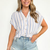 S / Blue Trystah Striped Button Down Top - BACK IN STOCK - kitchencabinetmagic