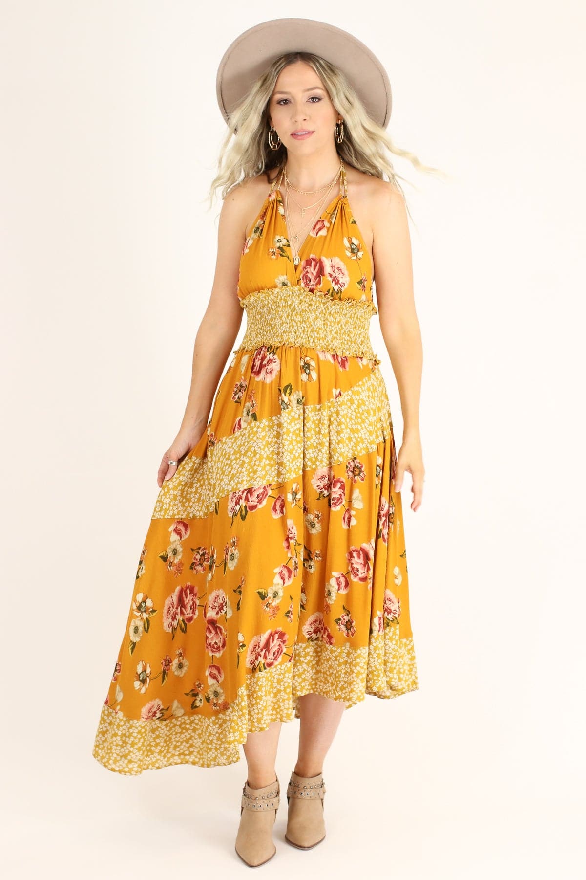 S / Mustard Naya Asymmetric Floral Halter Dress - kitchencabinetmagic