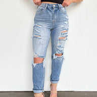 Medium Wash / 25/1 Altomare High Rise Distressed Girlfriend Jeans - BACK IN STOCK - kitchencabinetmagic