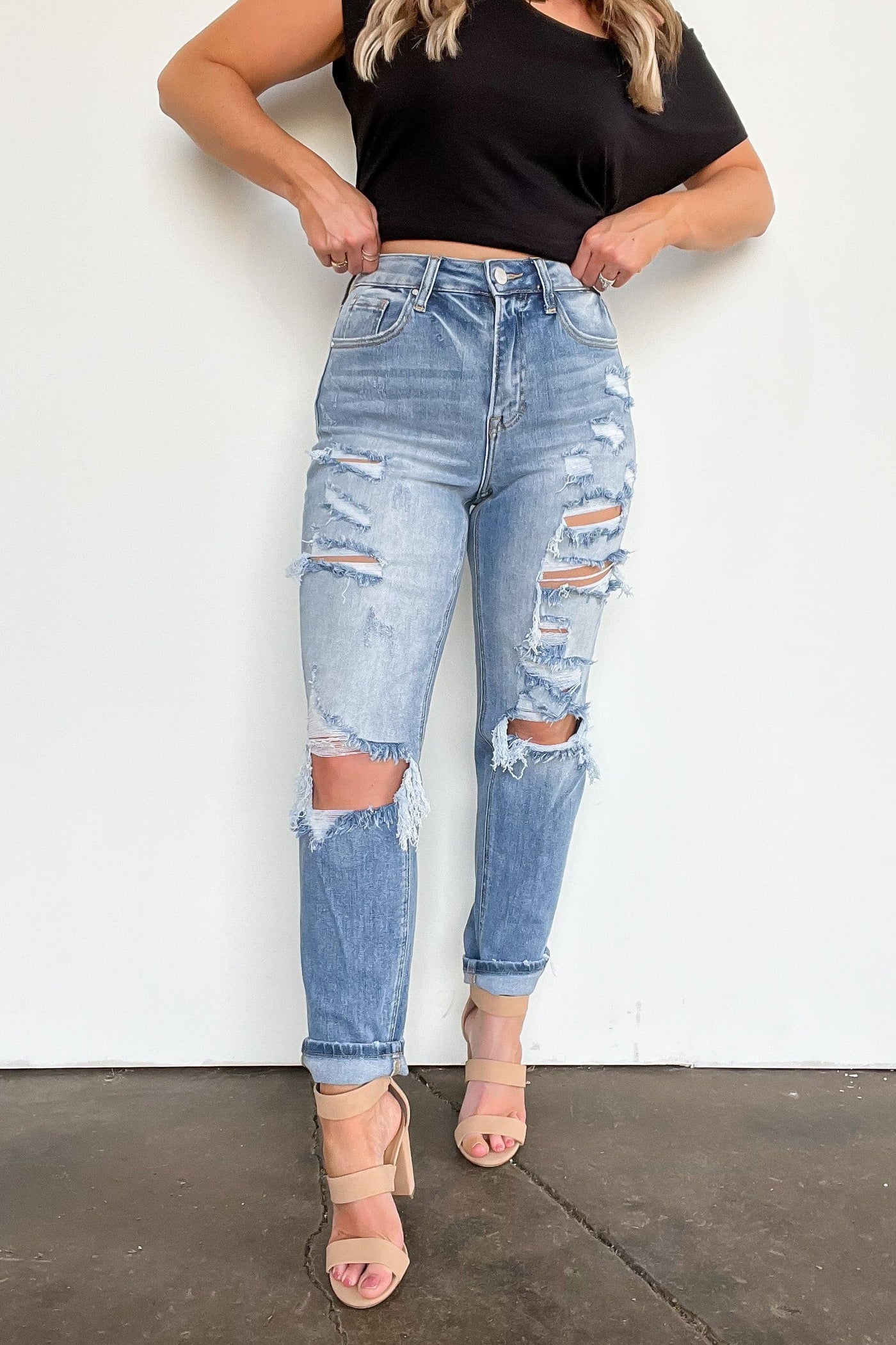 Medium Wash / 25/1 Altomare High Rise Distressed Girlfriend Jeans - BACK IN STOCK - kitchencabinetmagic