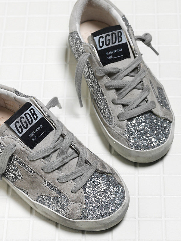 Golden Goose Kids Designer Sneakers Superstar Silver Sparkle