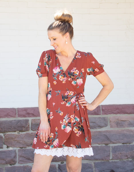 fall floral wrap dress