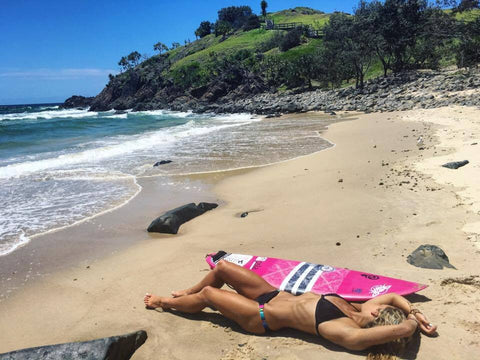 Pro Surfer Brooke Daigneault lounging in the Sorrento bottom by Pepper Swimwear