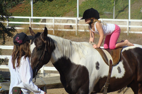 Mom playing with her daughter on a horse