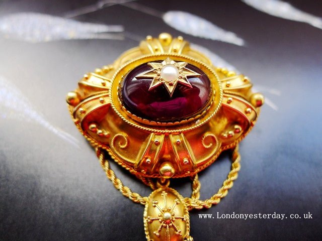 【英国古董珠宝】18k黄金维多利亚c1870年代天然石榴石古董胸针
