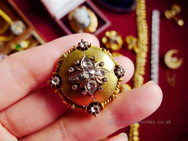 【英国古董珠宝】英国14k黄金维多利亚时期天然钻石玫瑰切割古董胸针