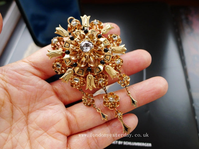 【英国古董珠宝】英国15k黄金维多利亚时期天然钻石古董吊坠胸针