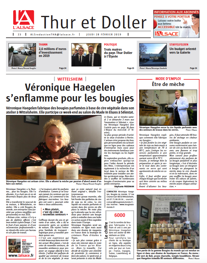 Journal l'Alsace 28-02-2019 Bougies du Monde