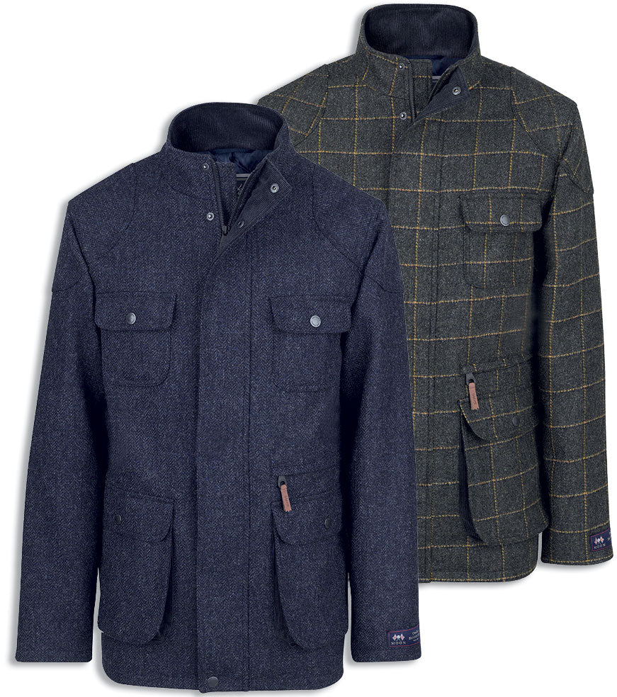 A military styled tweed coat featuring a four pocket front arrangement by jack murphy