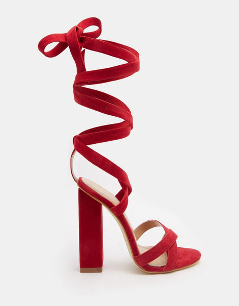 red tie up block heels