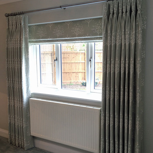 curtains and roman blind in embroidered duckegg linen fabric