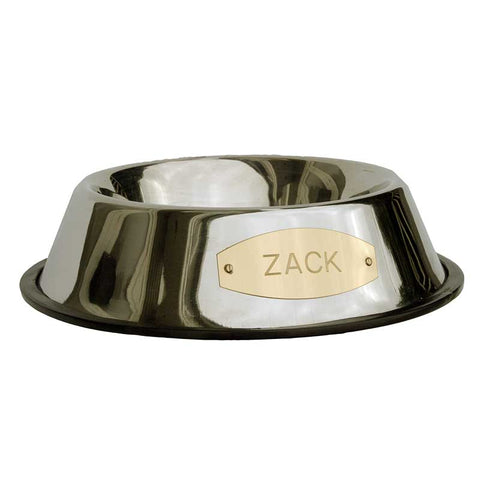 stainless pet bowl with pet name engraved on a brass plaque