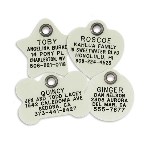 4 shapes of glow in the dark plastic tag: star, heart, bone, and round