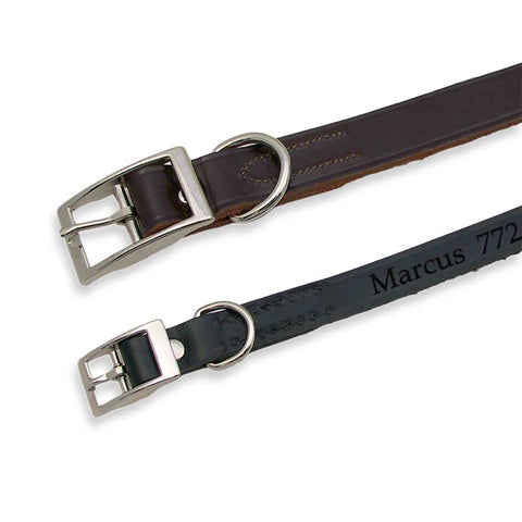 brown leather collar and black leather collar with pet name and phone number engraved