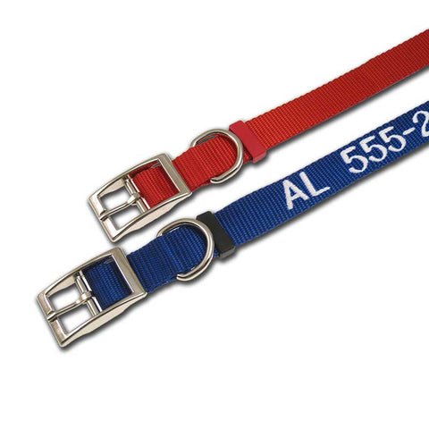 Red traditional collar and blue traditional collar with pet name and phone number embroidered